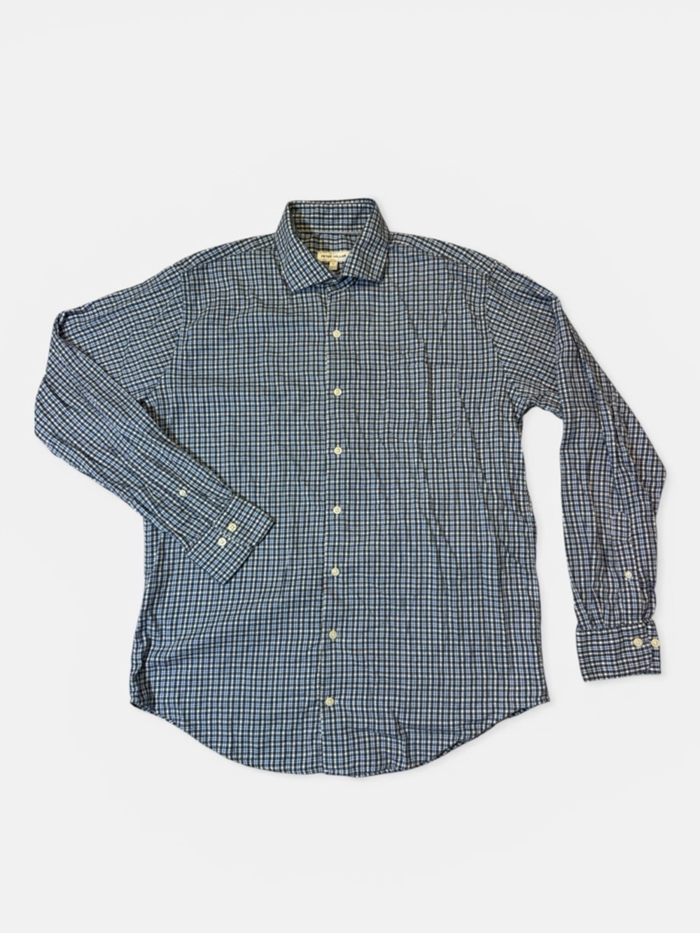 Peter Millar mens L Large blue check soft cotton blend button up shirt EUC